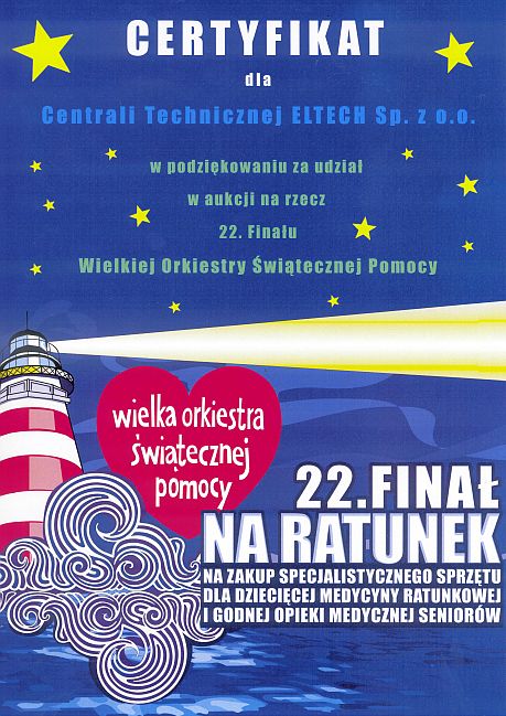 Certyfikat WOŚP dla ELTECH 2014