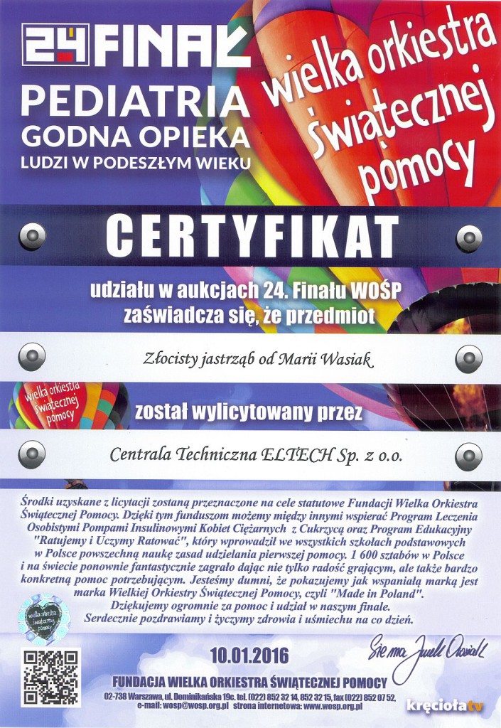 Certyfikat - ELTECH wspiera WOŚP 2016